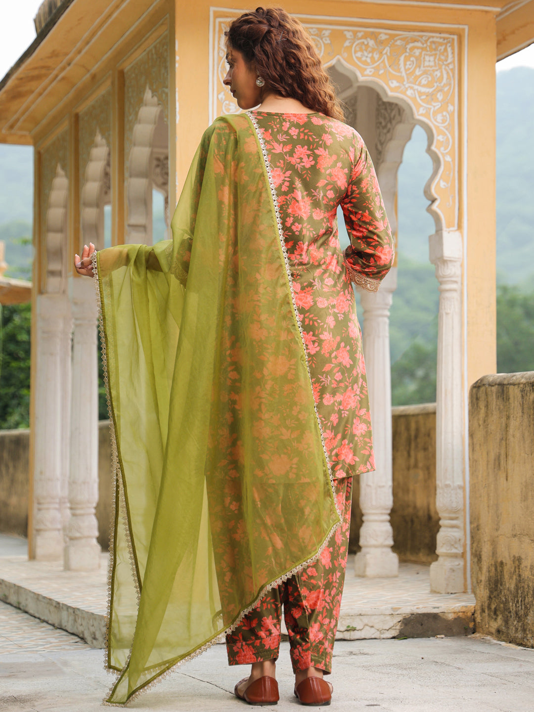 Janasya Olive Velvet Floral Set | Swadesiicart
