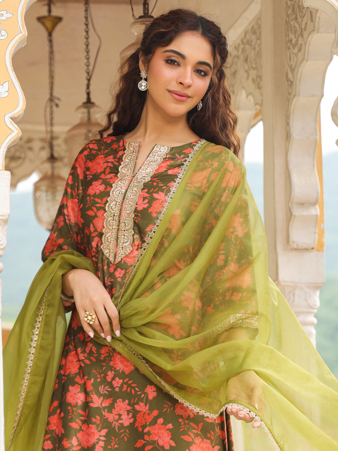 Janasya Olive Velvet Floral Set | Swadesiicart