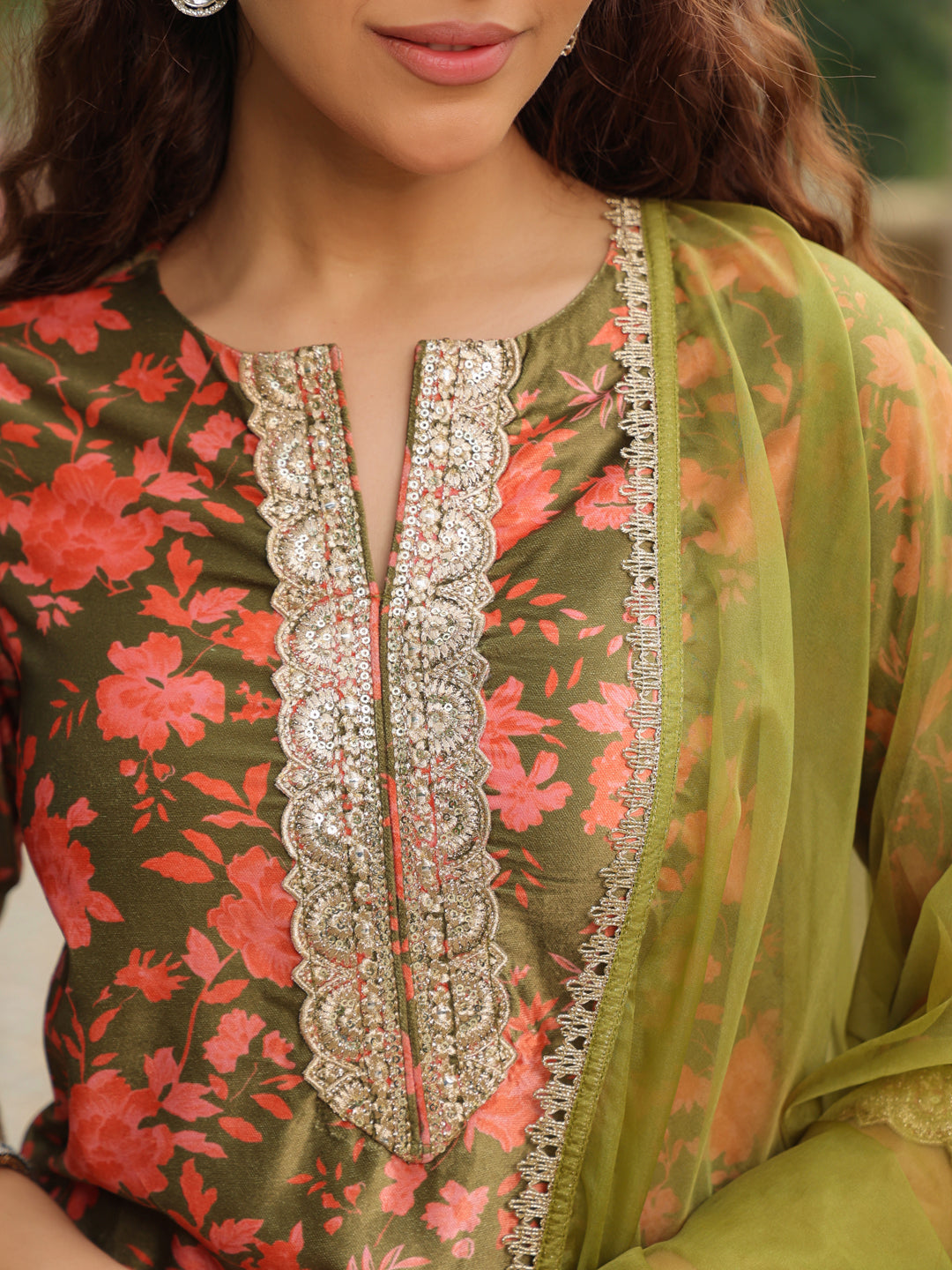 Janasya Olive Velvet Floral Set | Swadesiicart