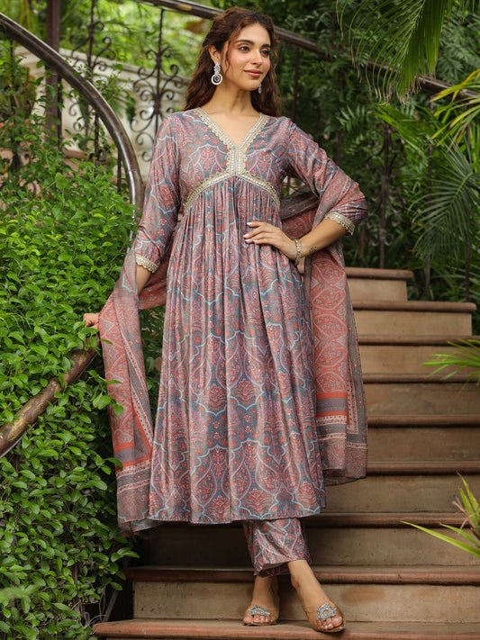 Janasya Grey Chiffon Ethnic Motifs Set | Swadesiicart