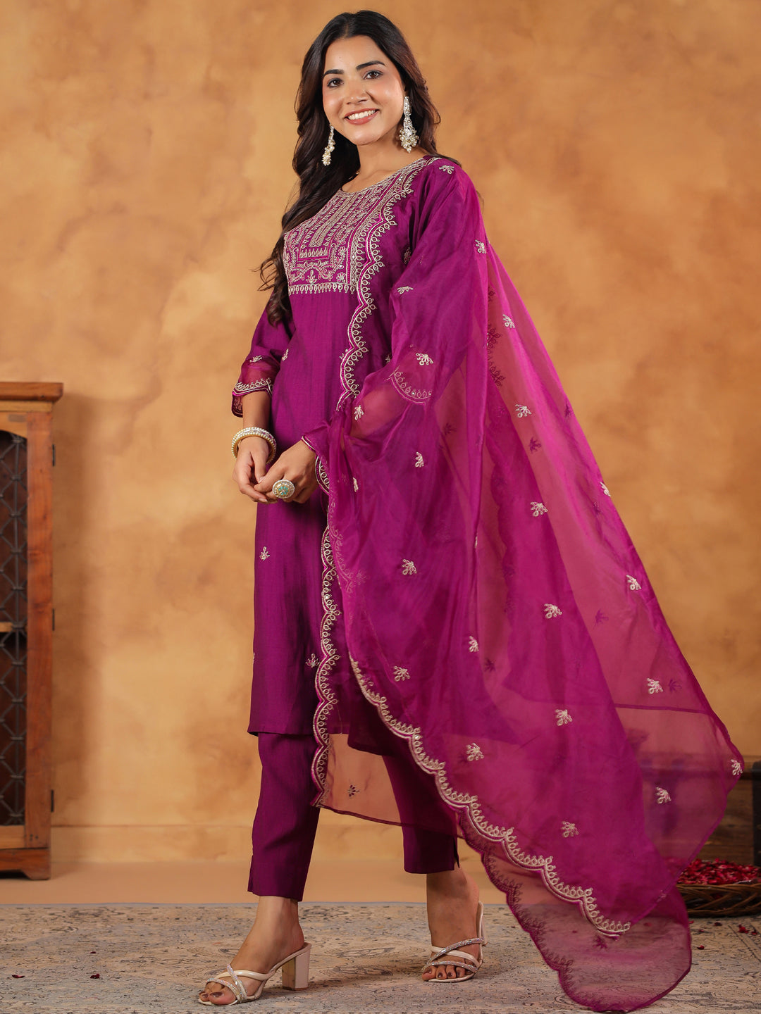 Janasya Purple Premium Chinnon Embroidered Kurta,Bottom & Dupatta | Swadesiicart