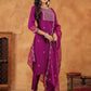 Janasya Purple Premium Chinnon Embroidered Kurta,Bottom & Dupatta | Swadesiicart
