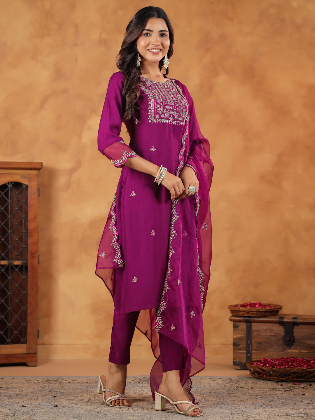 Janasya Purple Premium Chinnon Embroidered Kurta,Bottom & Dupatta | Swadesiicart