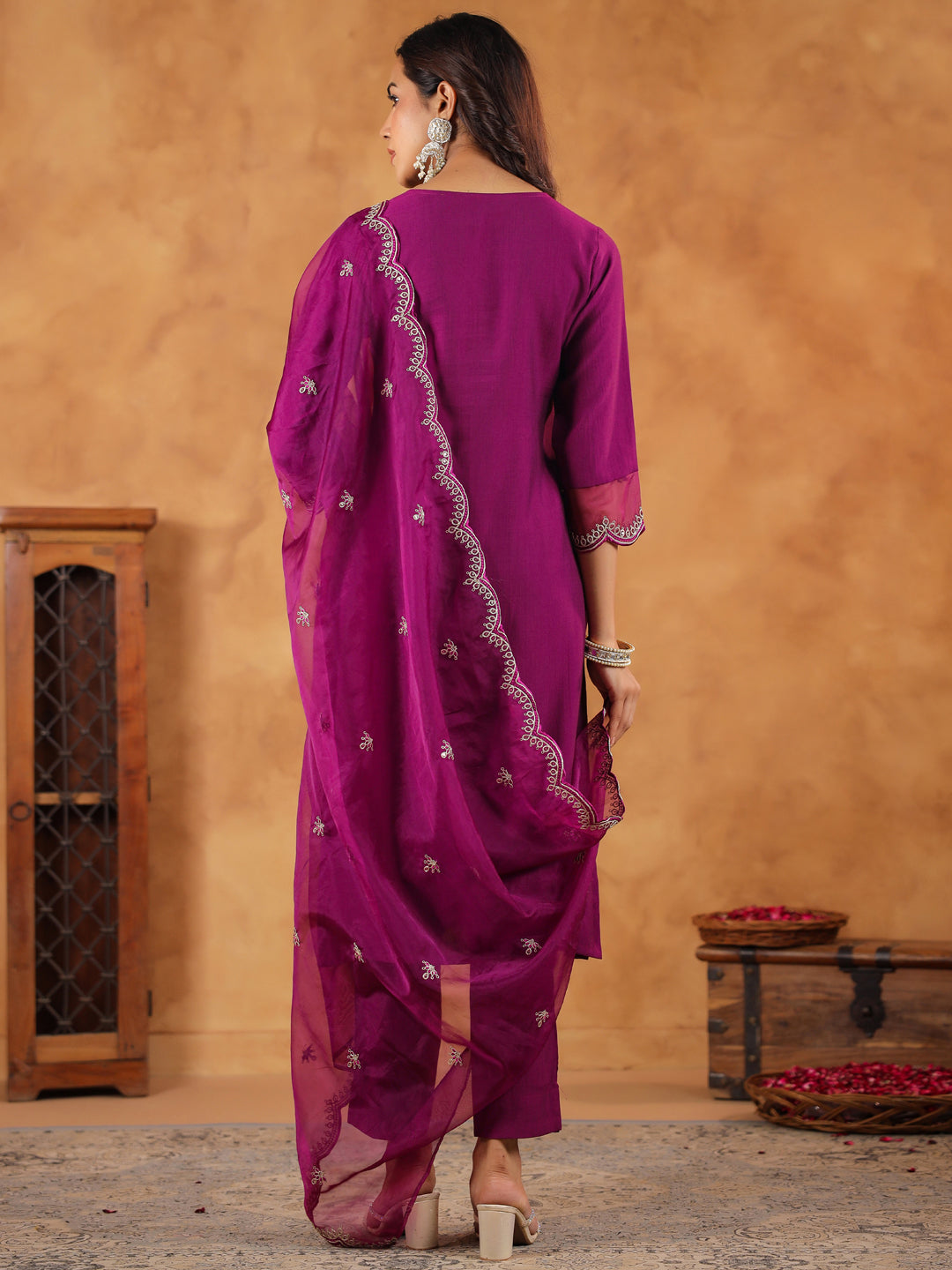 Janasya Purple Premium Chinnon Embroidered Kurta,Bottom & Dupatta | Swadesiicart