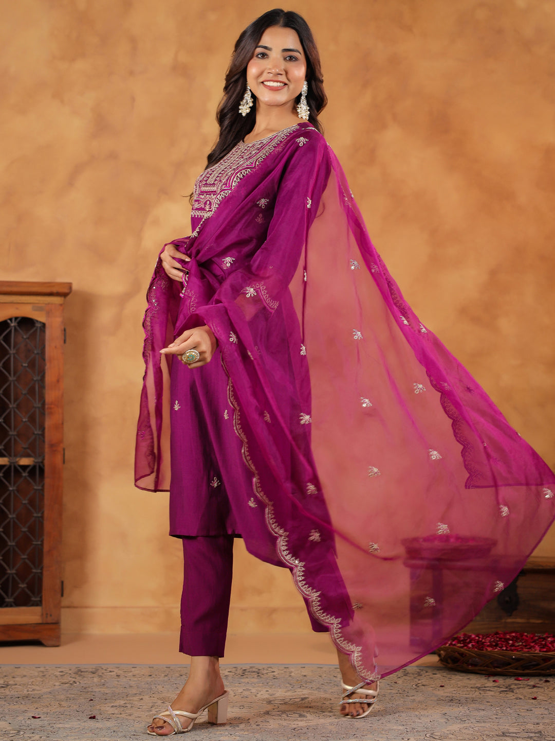 Janasya Purple Premium Chinnon Embroidered Kurta,Bottom & Dupatta | Swadesiicart