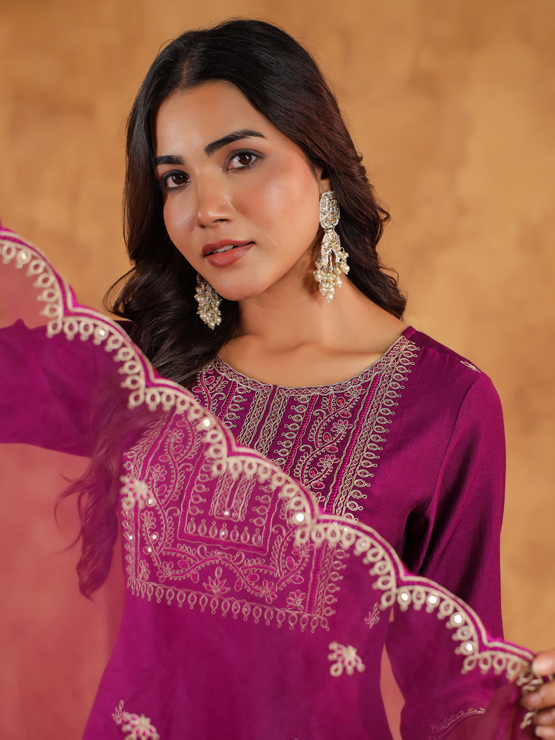 Janasya Purple Premium Chinnon Embroidered Kurta,Bottom & Dupatta | Swadesiicart