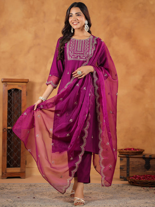 Janasya Purple Premium Chinnon Embroidered Kurta,Bottom & Dupatta | Swadesiicart