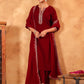Janasya Maroon Velvet Embroidered Kurta,Bottom & Dupatta | Swadesiicart