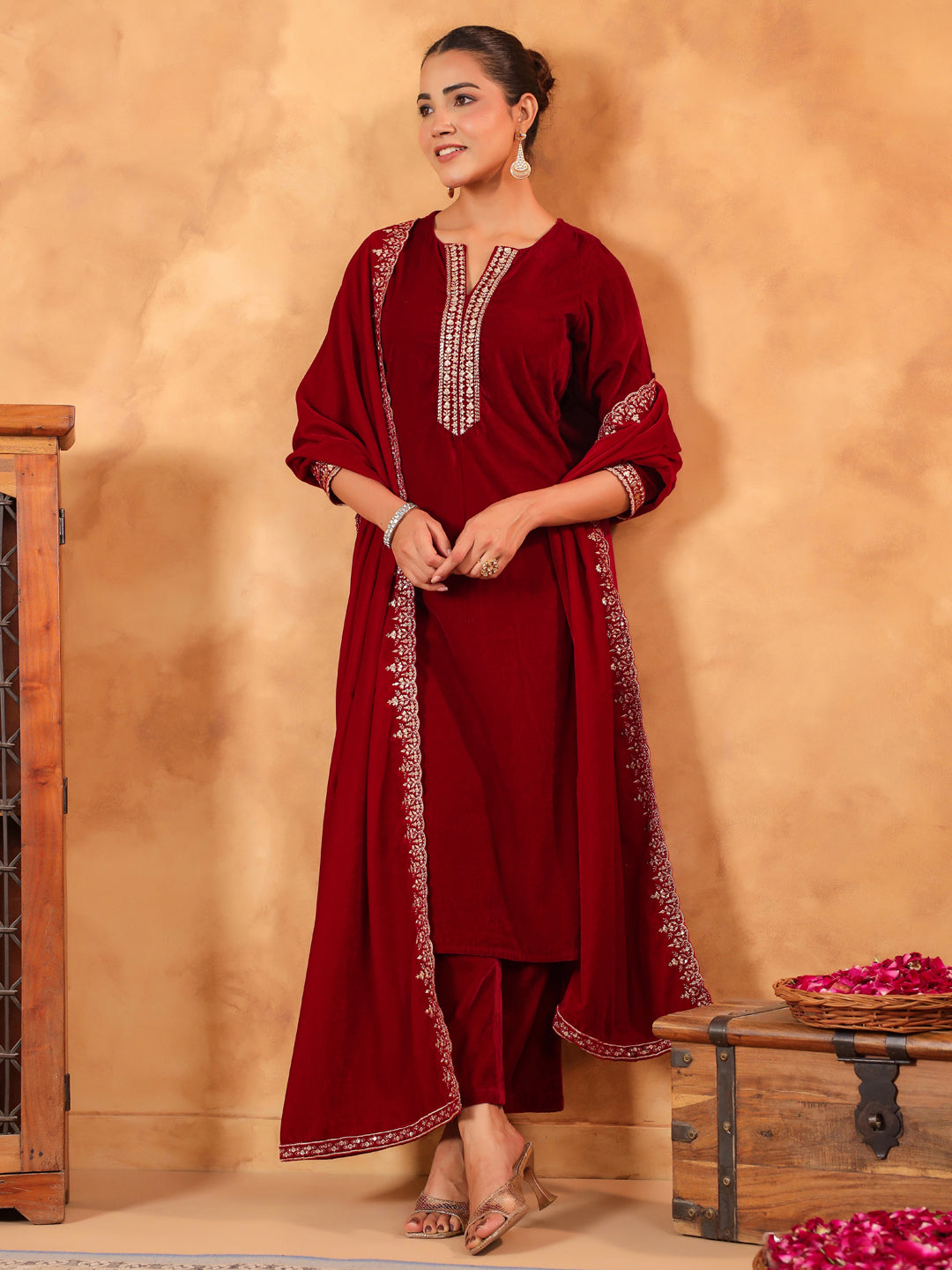 Janasya Maroon Velvet Embroidered Kurta,Bottom & Dupatta | Swadesiicart
