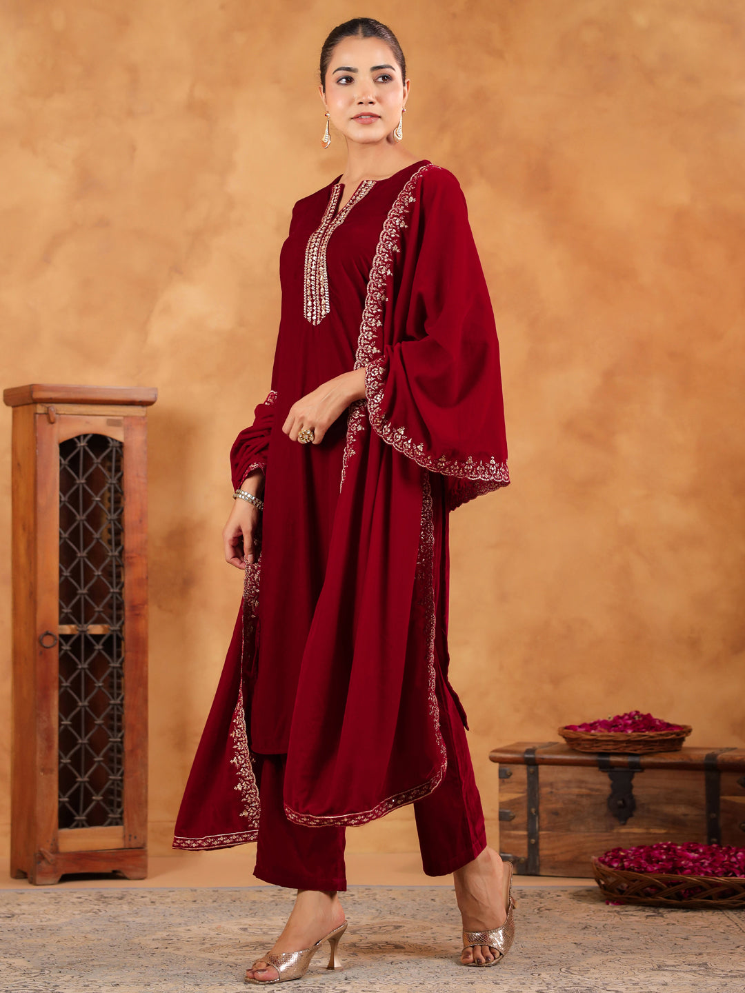 Janasya Maroon Velvet Embroidered Kurta,Bottom & Dupatta | Swadesiicart