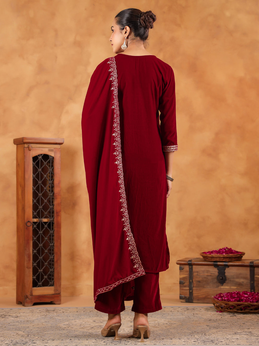 Janasya Maroon Velvet Embroidered Kurta,Bottom & Dupatta | Swadesiicart