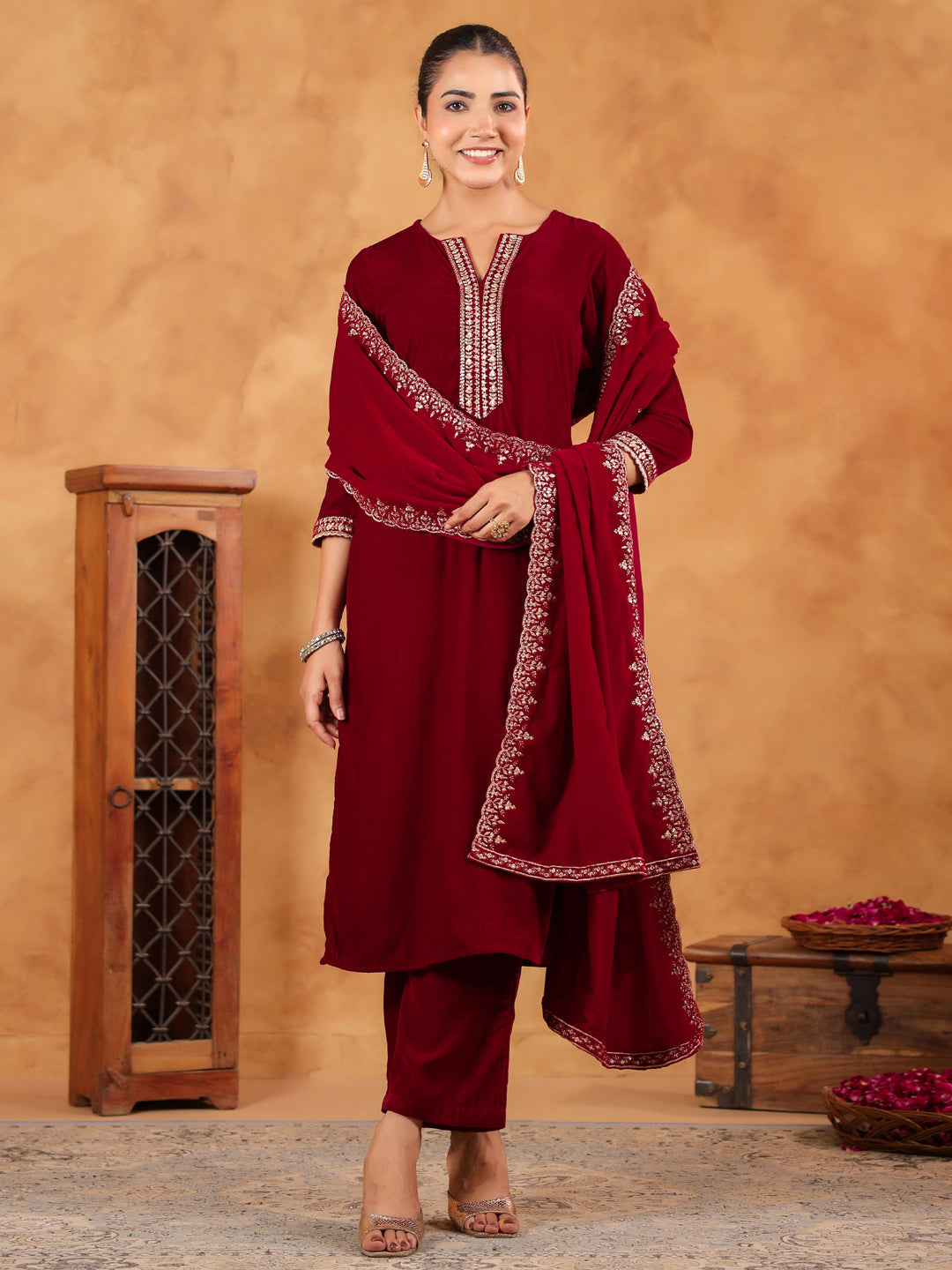 Janasya Maroon Velvet Embroidered Kurta,Bottom & Dupatta | Swadesiicart
