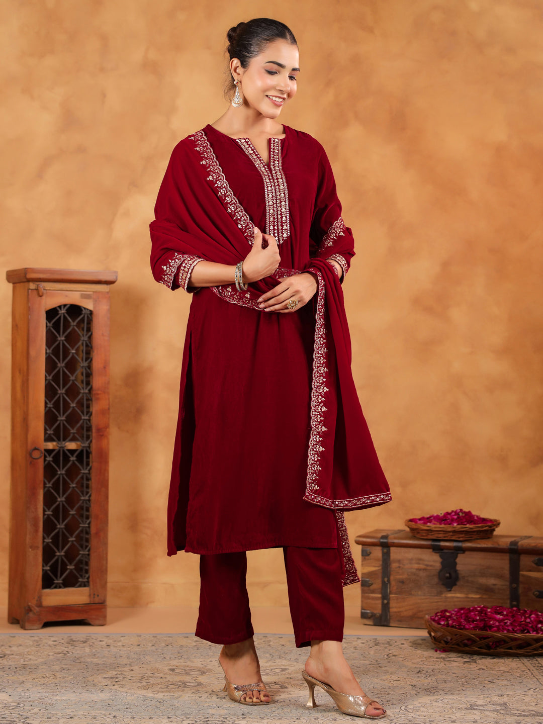 Janasya Maroon Velvet Embroidered Kurta,Bottom & Dupatta | Swadesiicart