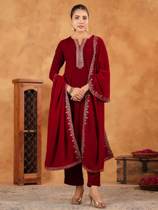 Janasya Maroon Velvet Embroidered Kurta,Bottom & Dupatta | Swadesiicart