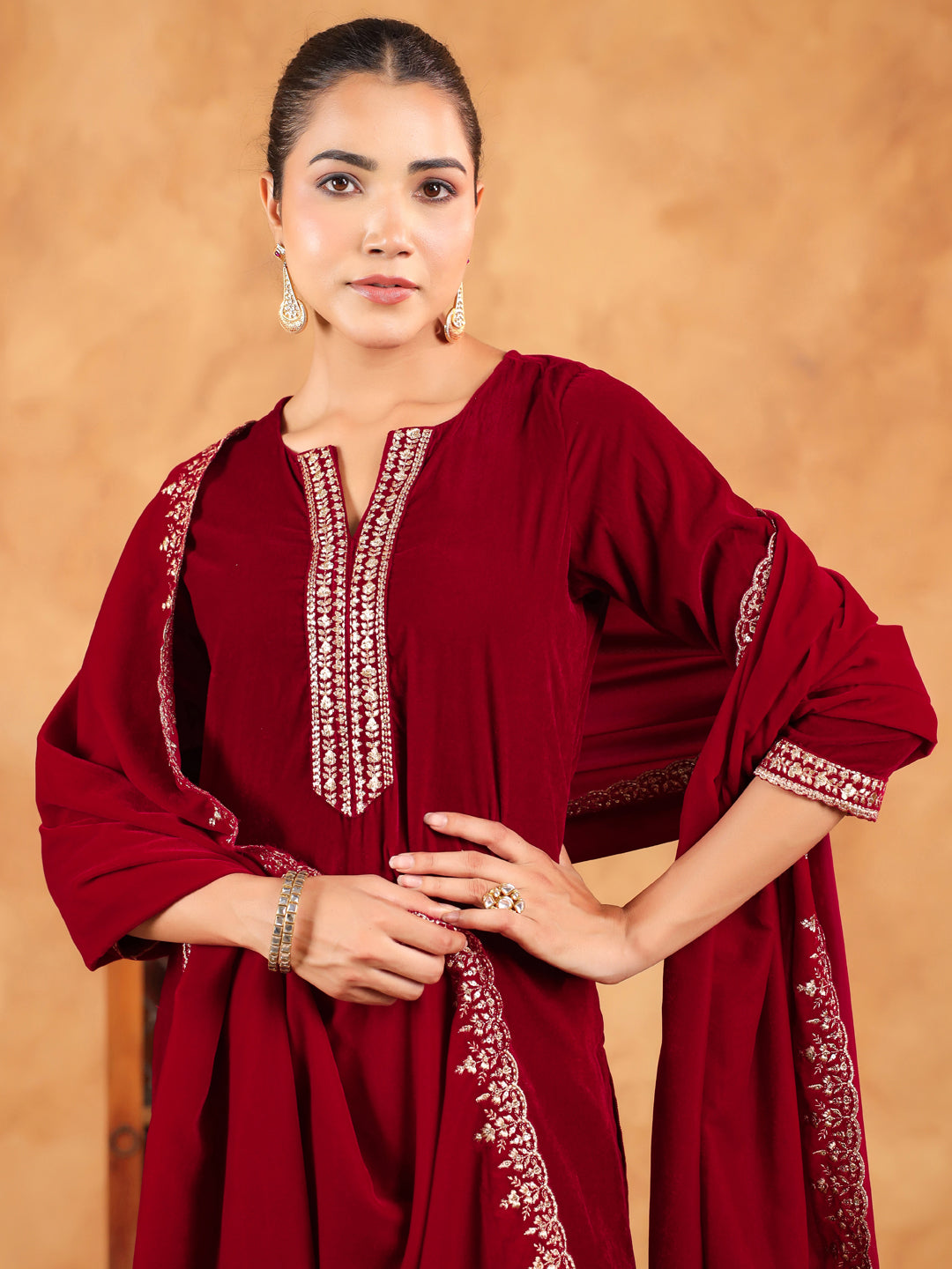 Janasya Maroon Velvet Embroidered Kurta,Bottom & Dupatta | Swadesiicart