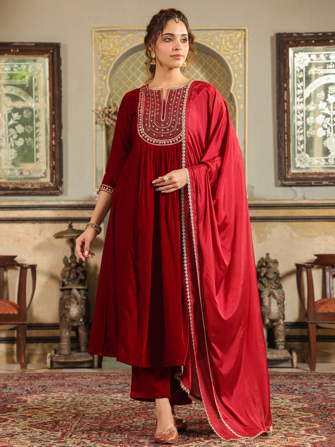 Janasya Maroon Velvet Embroidered Kurta,Bottom & Dupatta | Swadesiicart