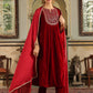 Janasya Maroon Velvet Embroidered Kurta,Bottom & Dupatta | Swadesiicart