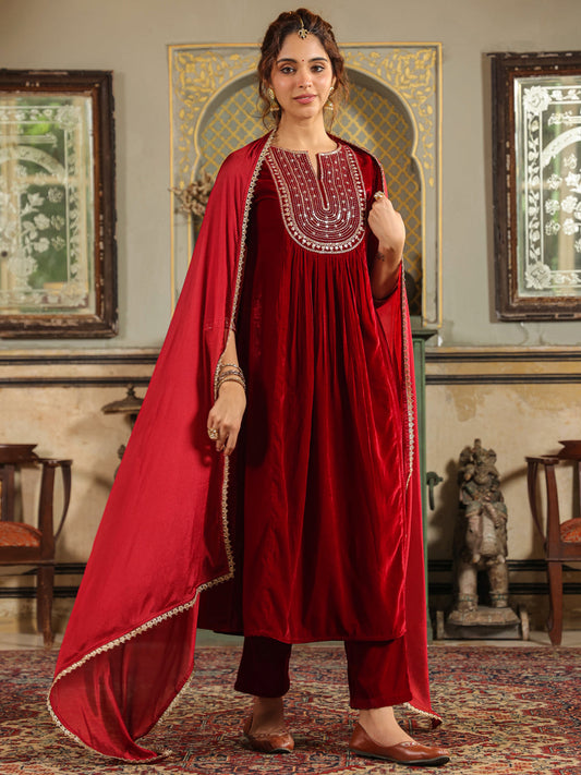 Janasya Maroon Velvet Embroidered Kurta,Bottom & Dupatta | Swadesiicart