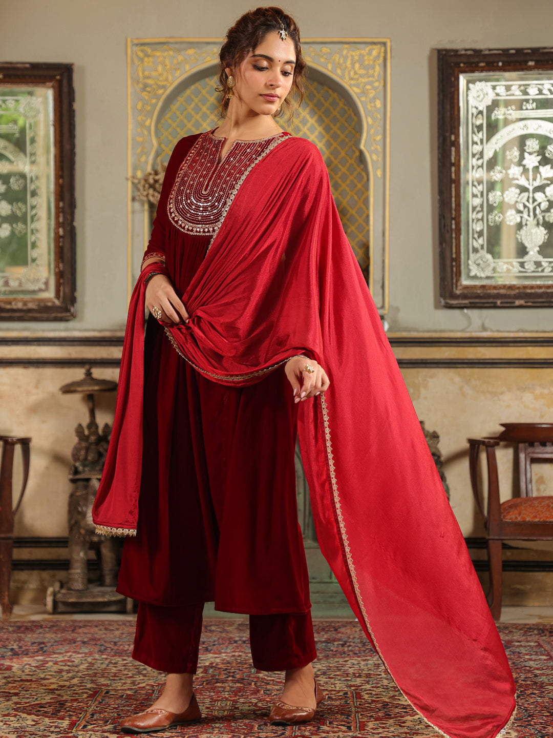 Janasya Maroon Velvet Embroidered Kurta,Bottom & Dupatta | Swadesiicart