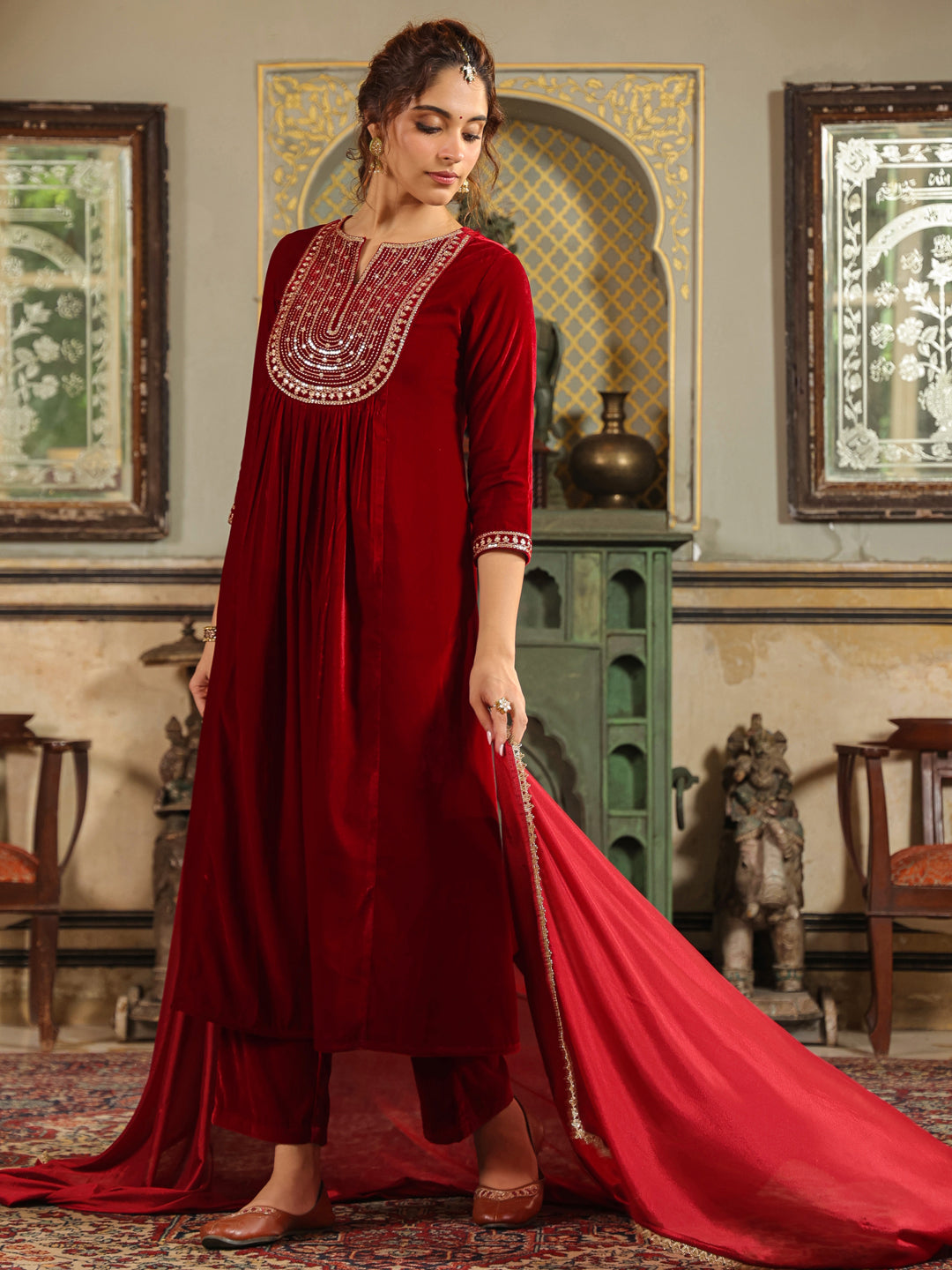 Janasya Maroon Velvet Embroidered Kurta,Bottom & Dupatta | Swadesiicart