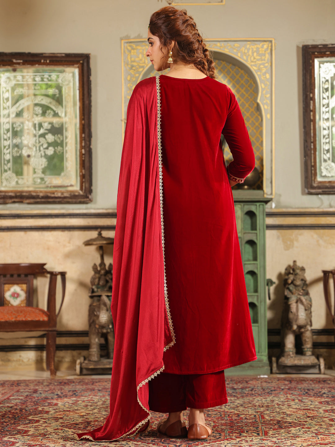 Janasya Maroon Velvet Embroidered Kurta,Bottom & Dupatta | Swadesiicart