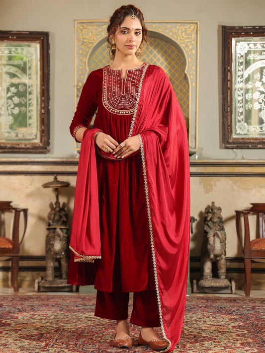 Janasya Maroon Velvet Embroidered Kurta,Bottom & Dupatta | Swadesiicart