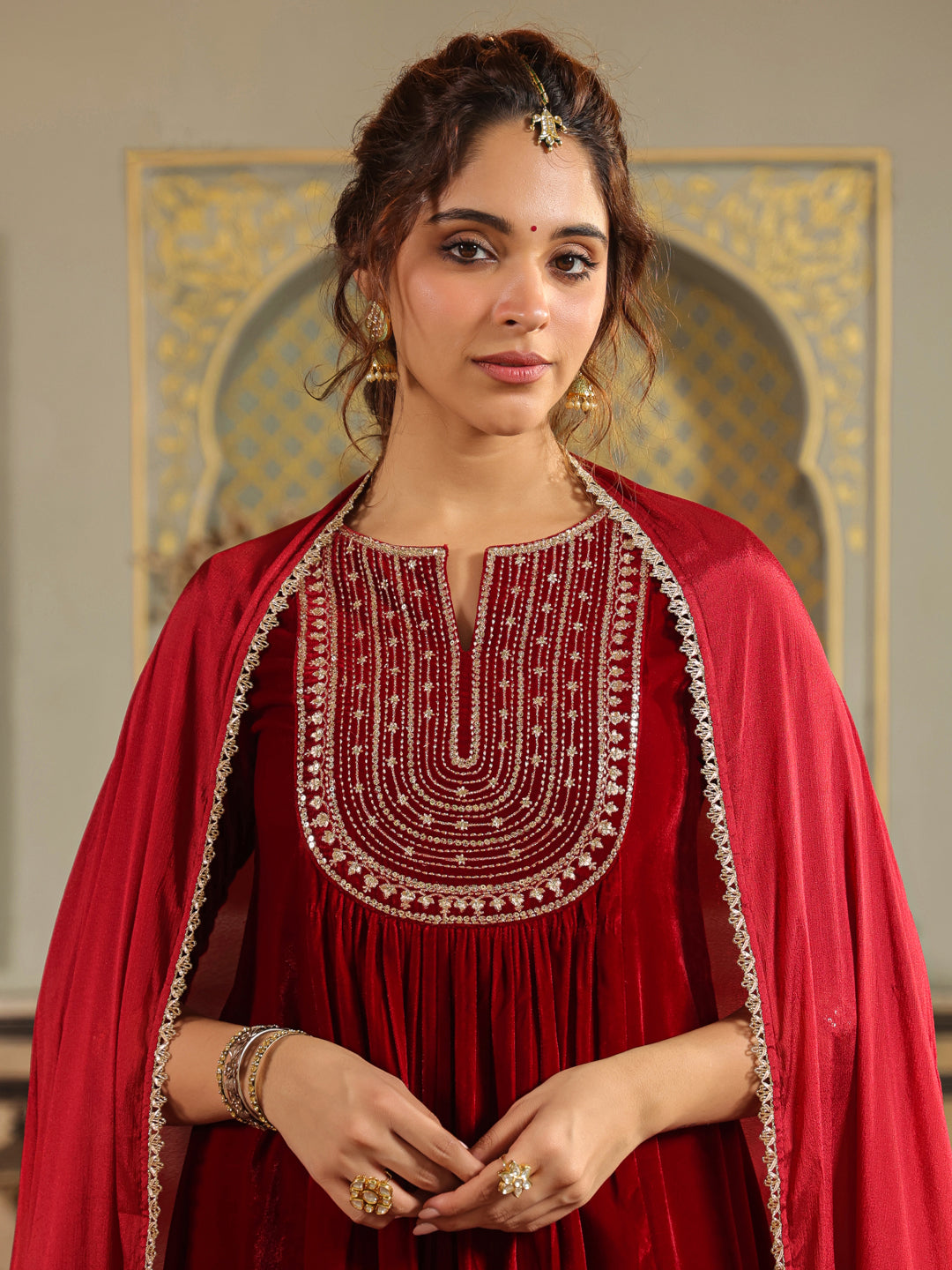 Janasya Maroon Velvet Embroidered Kurta,Bottom & Dupatta | Swadesiicart