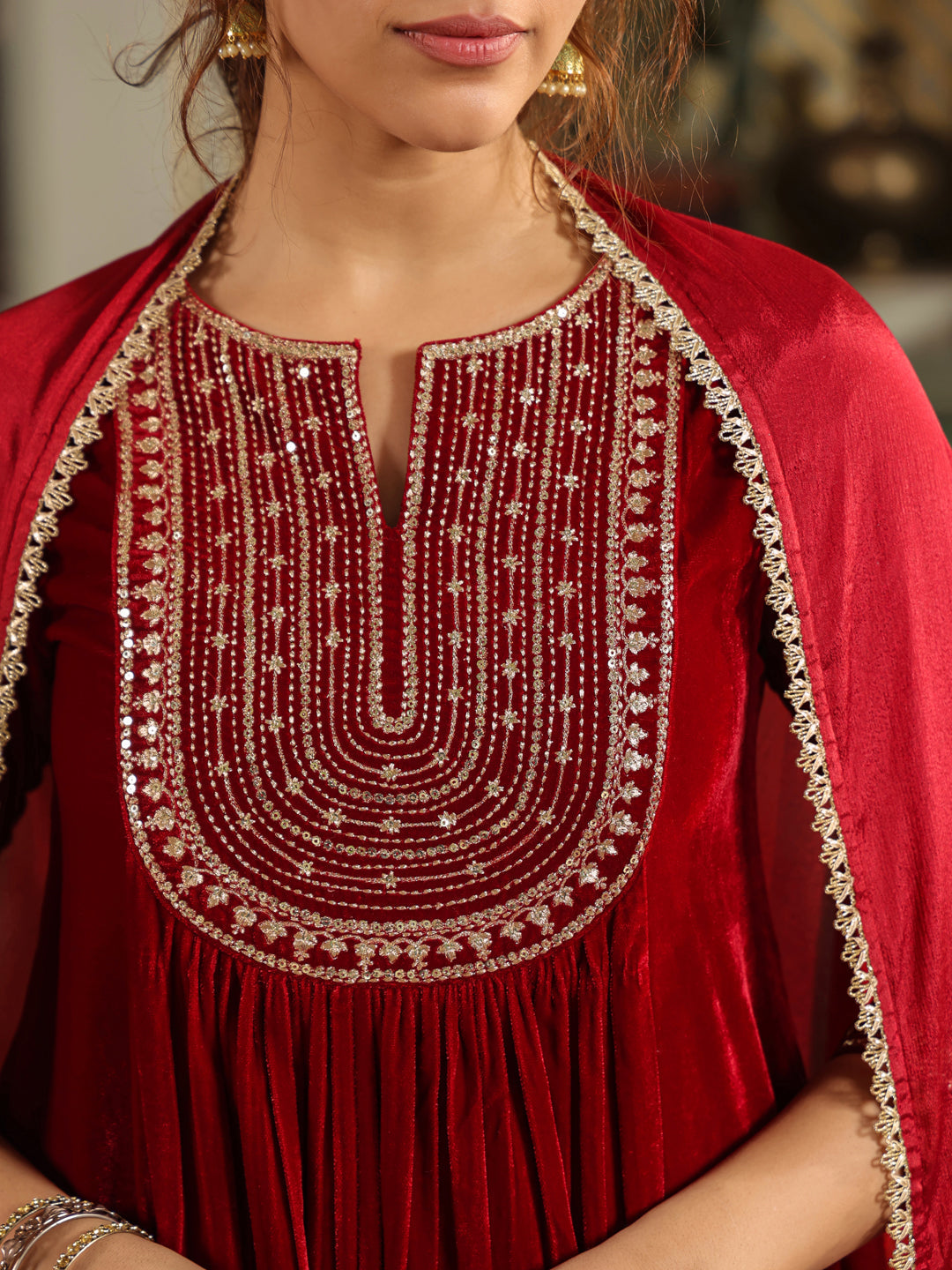 Janasya Maroon Velvet Embroidered Kurta,Bottom & Dupatta | Swadesiicart