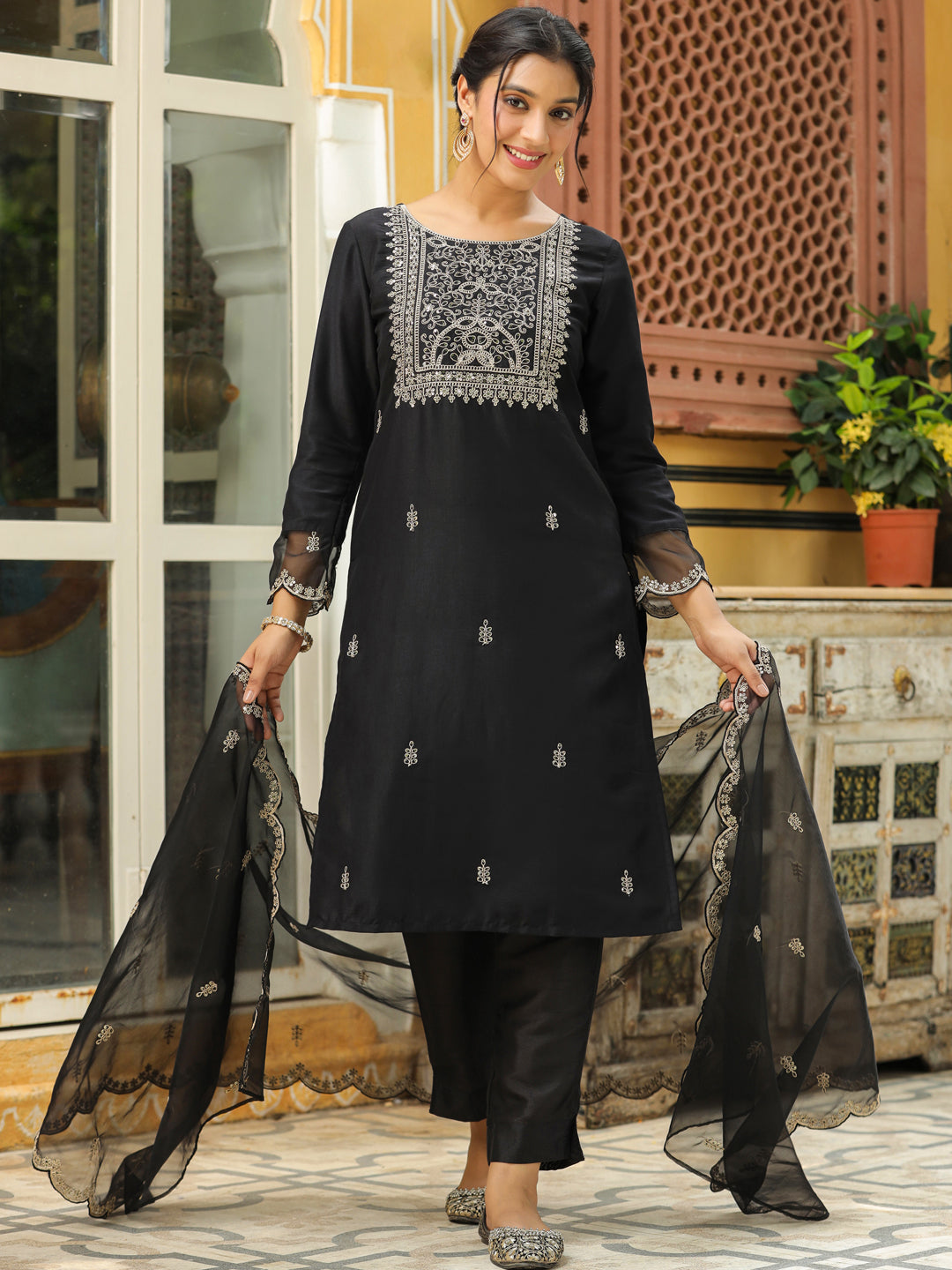 Janasya Black Premium Chinnon Embroidered Kurta,Bottom & Dupatta | Swadesiicart