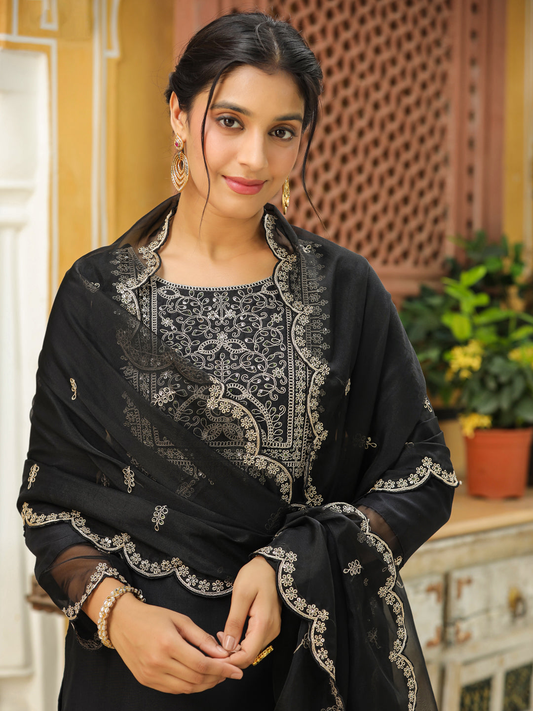 Janasya Black Premium Chinnon Embroidered Kurta,Bottom & Dupatta | Swadesiicart