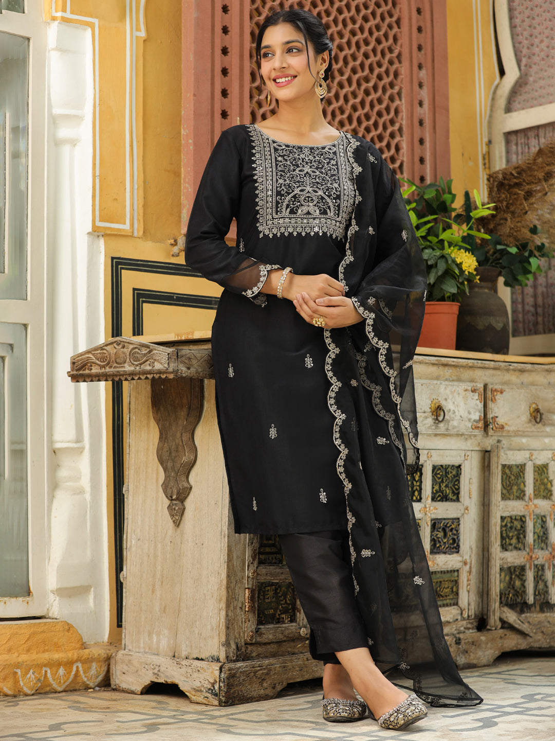 Janasya Black Premium Chinnon Embroidered Kurta,Bottom & Dupatta | Swadesiicart