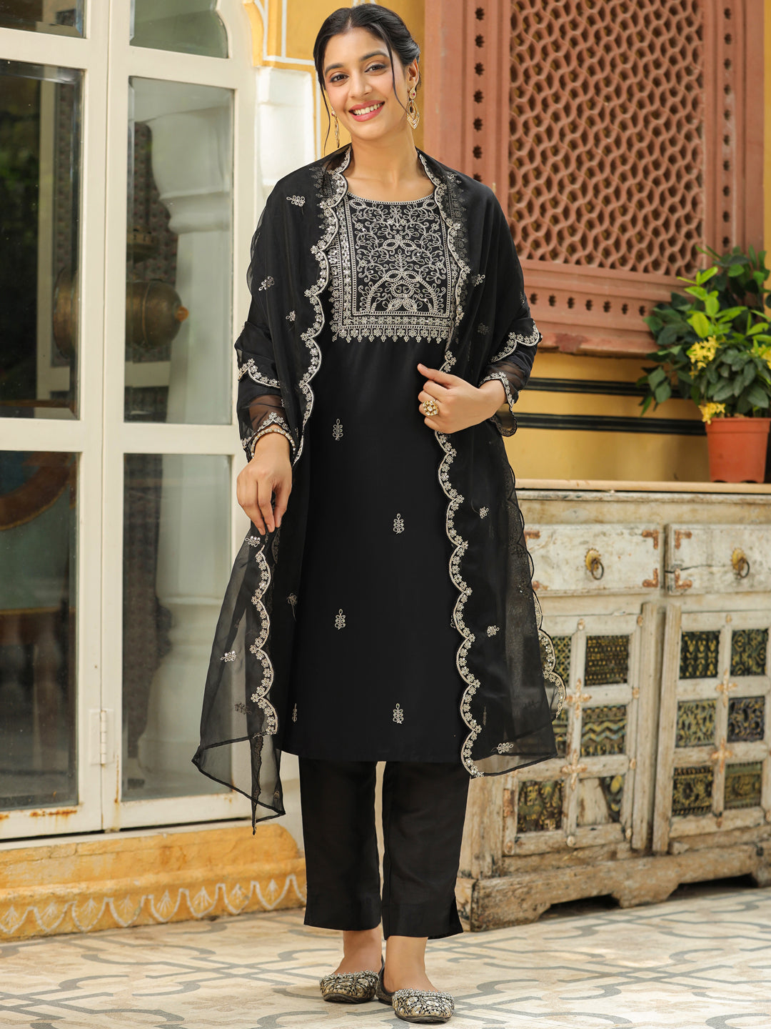 Janasya Black Premium Chinnon Embroidered Kurta,Bottom & Dupatta | Swadesiicart