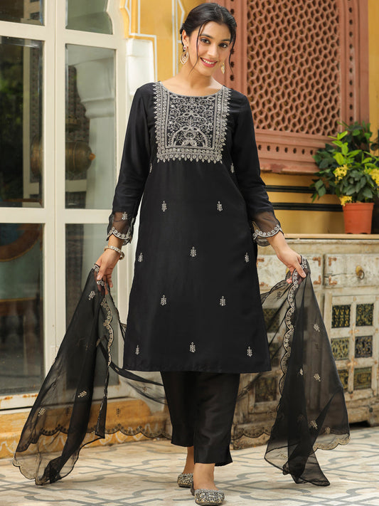 Janasya Black Premium Chinnon Embroidered Kurta,Bottom & Dupatta | Swadesiicart