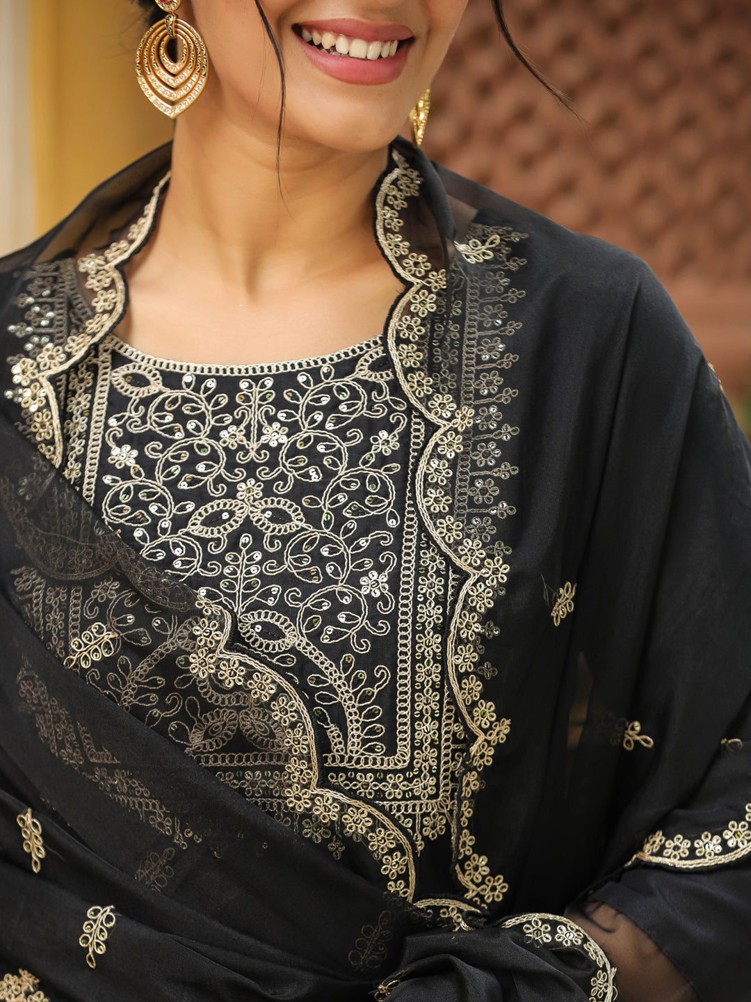Janasya Black Premium Chinnon Embroidered Kurta,Bottom & Dupatta | Swadesiicart
