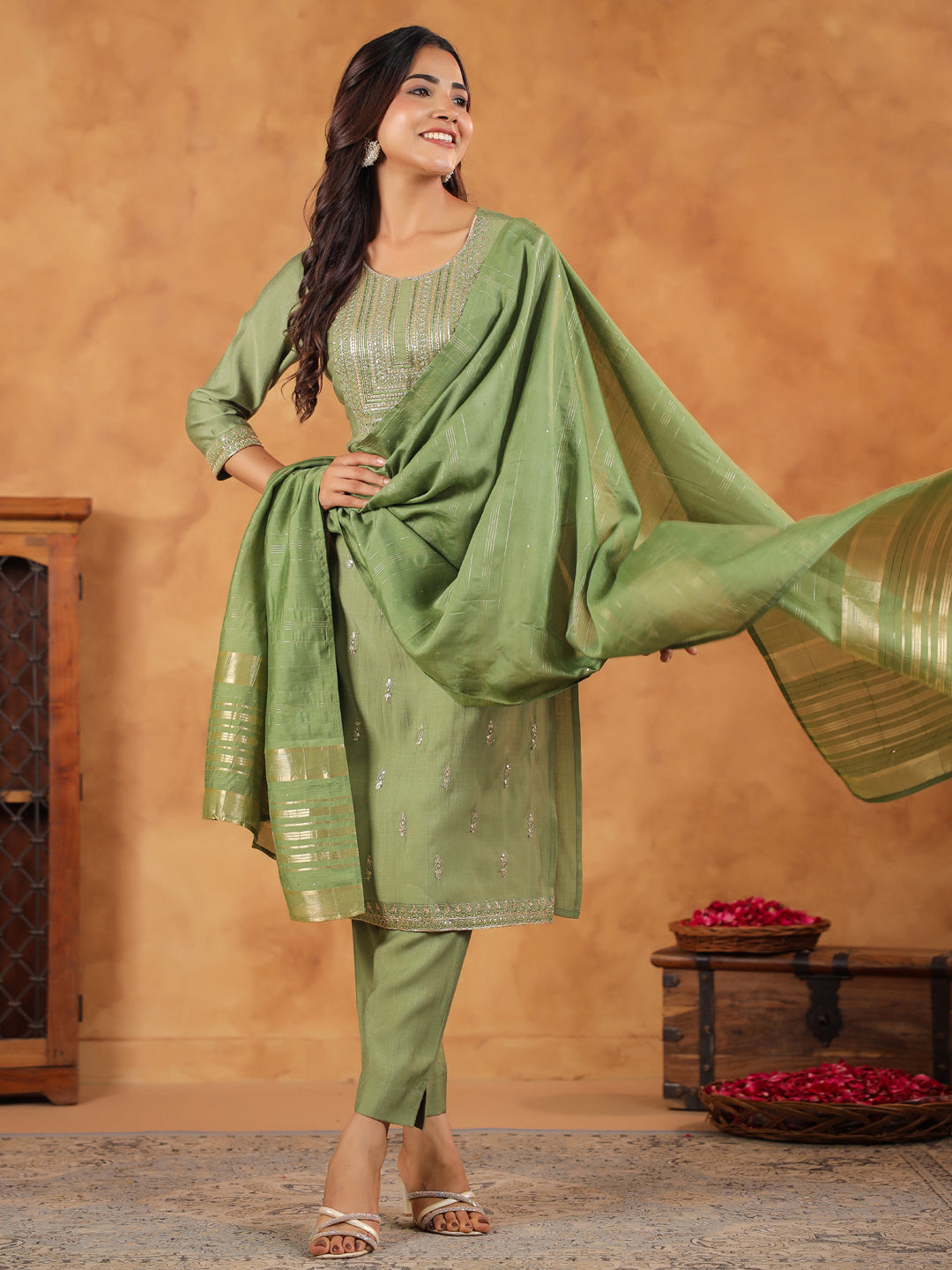 Janasya Sage Premium Chinnon Embroidered Kurta,Bottom & Dupatta | Swadesiicart