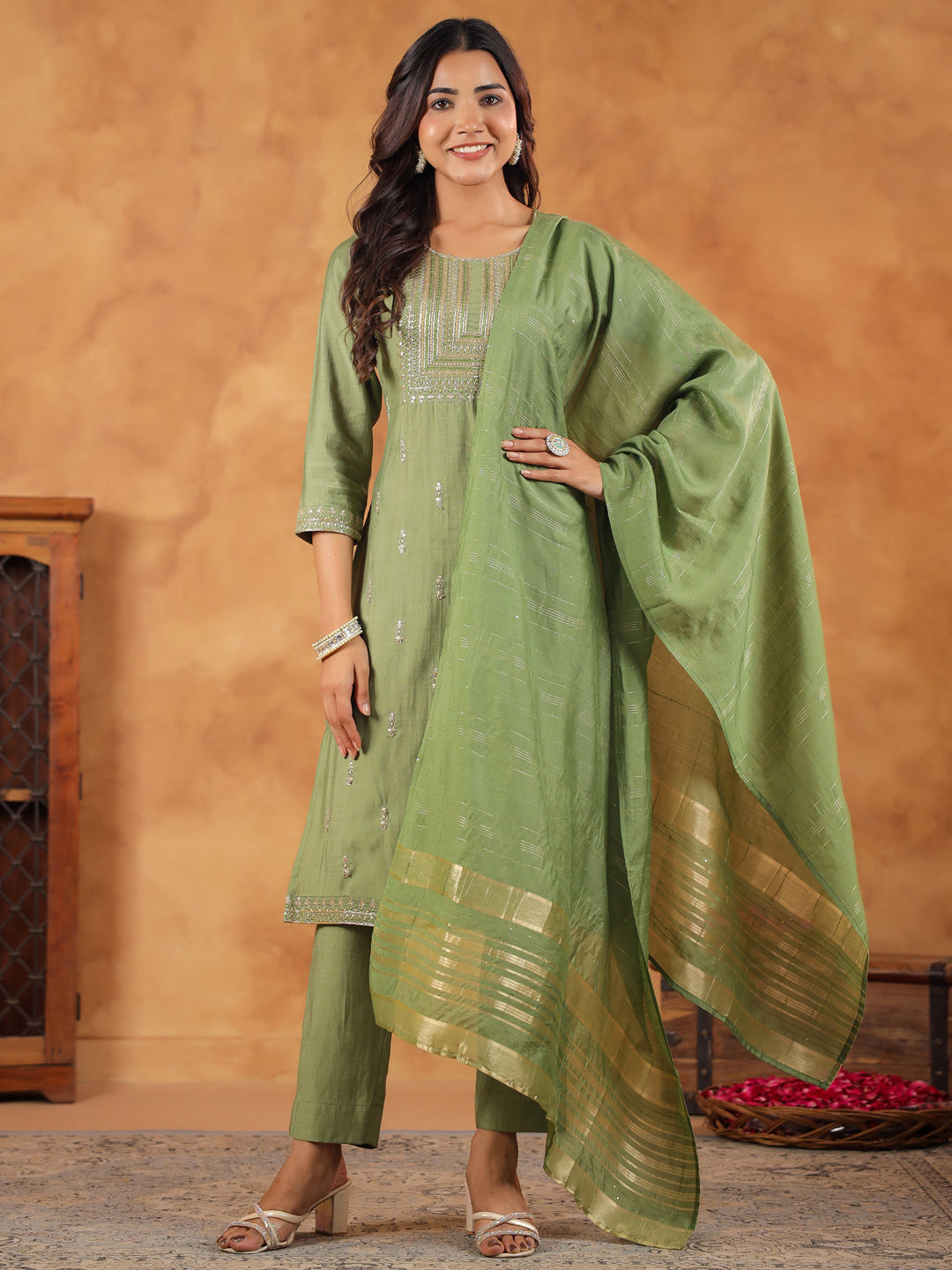 Janasya Sage Premium Chinnon Embroidered Kurta,Bottom & Dupatta | Swadesiicart