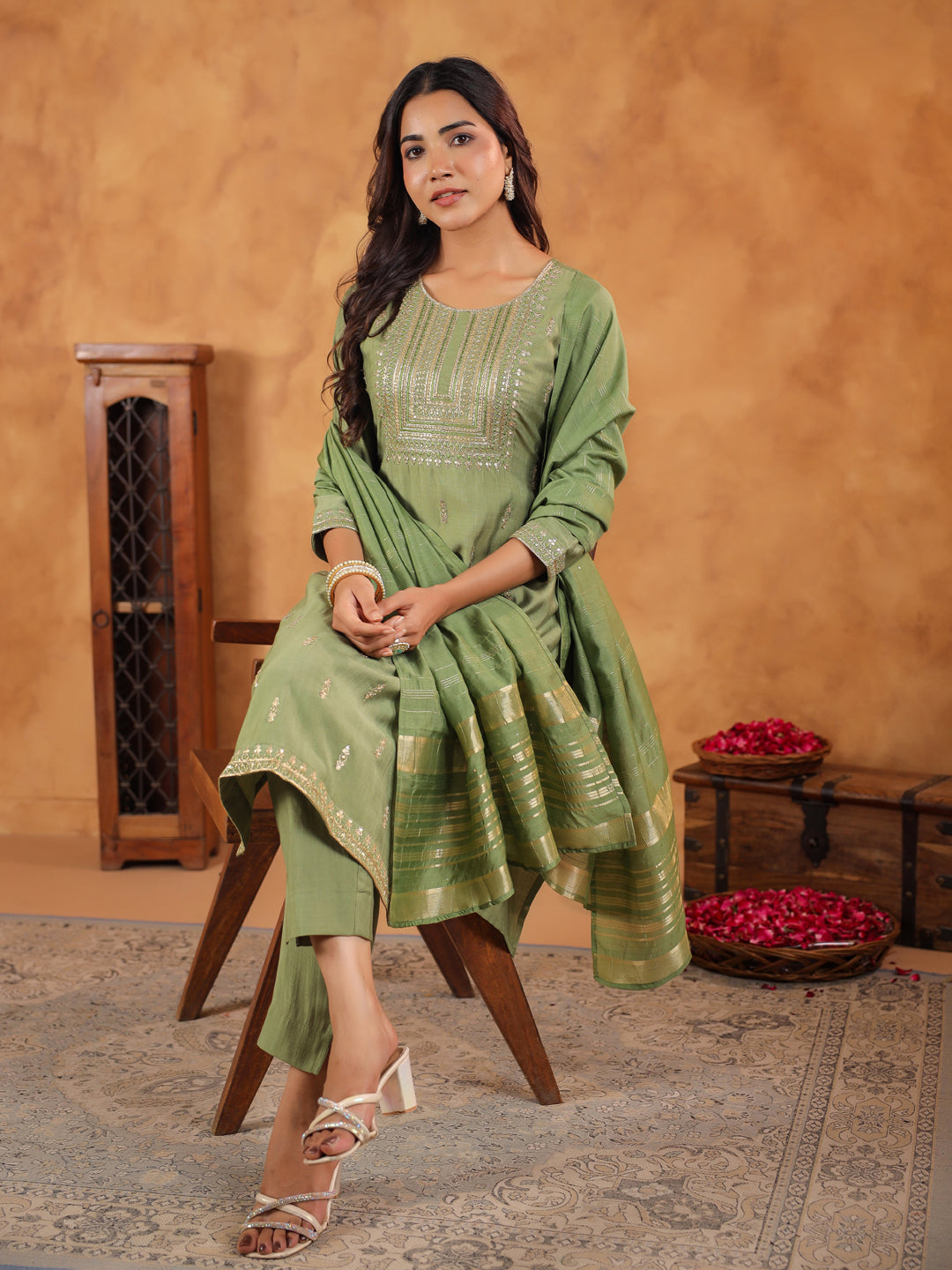 Janasya Sage Premium Chinnon Embroidered Kurta,Bottom & Dupatta | Swadesiicart