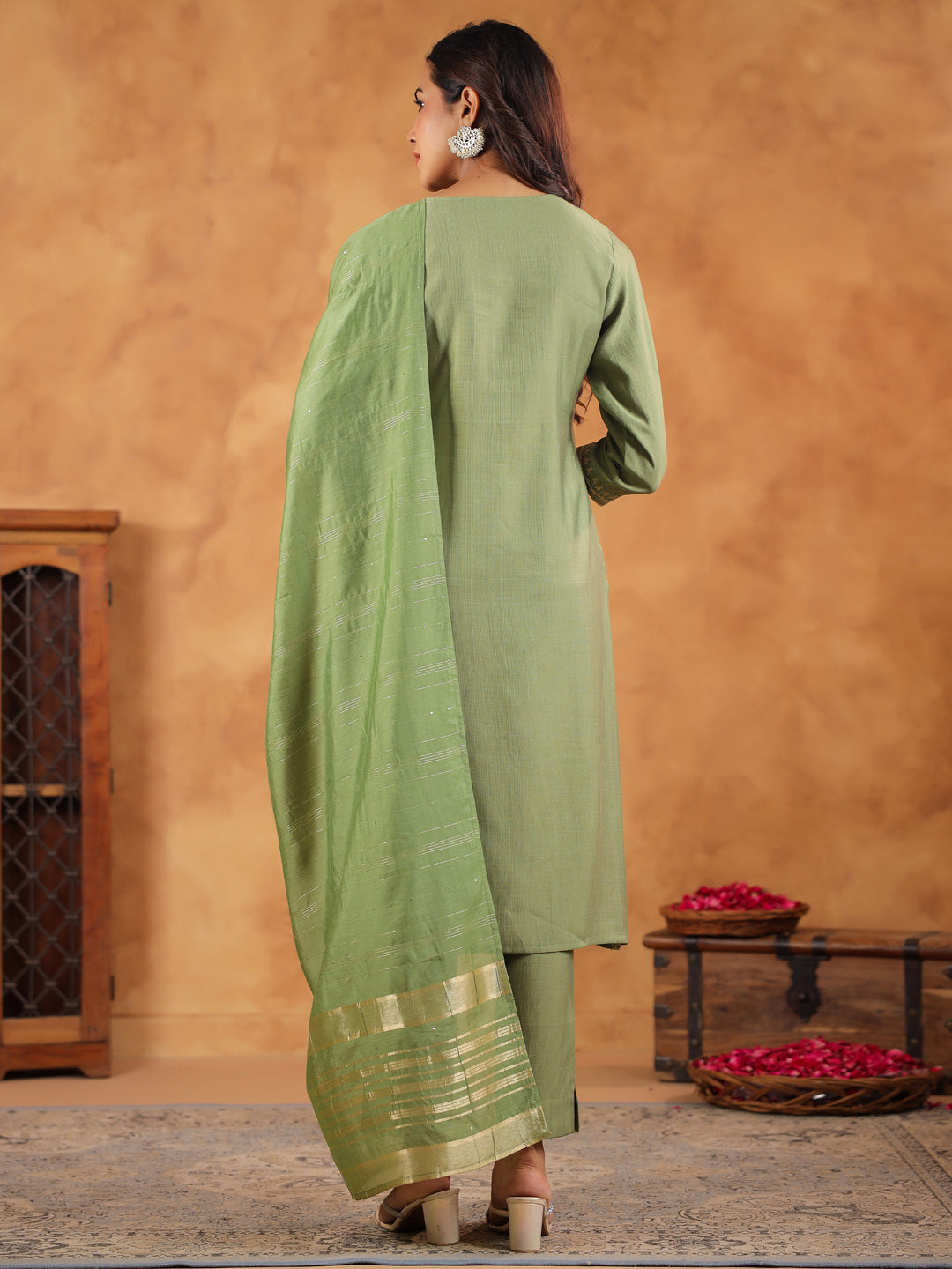 Janasya Sage Premium Chinnon Embroidered Kurta,Bottom & Dupatta | Swadesiicart