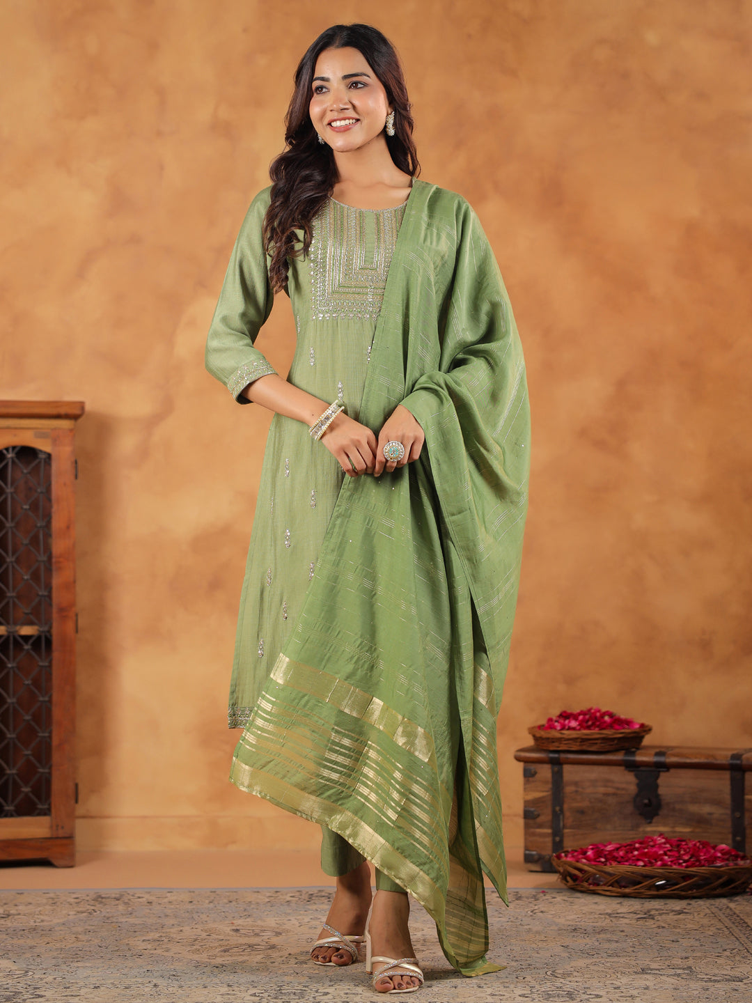 Janasya Sage Premium Chinnon Embroidered Kurta,Bottom & Dupatta | Swadesiicart