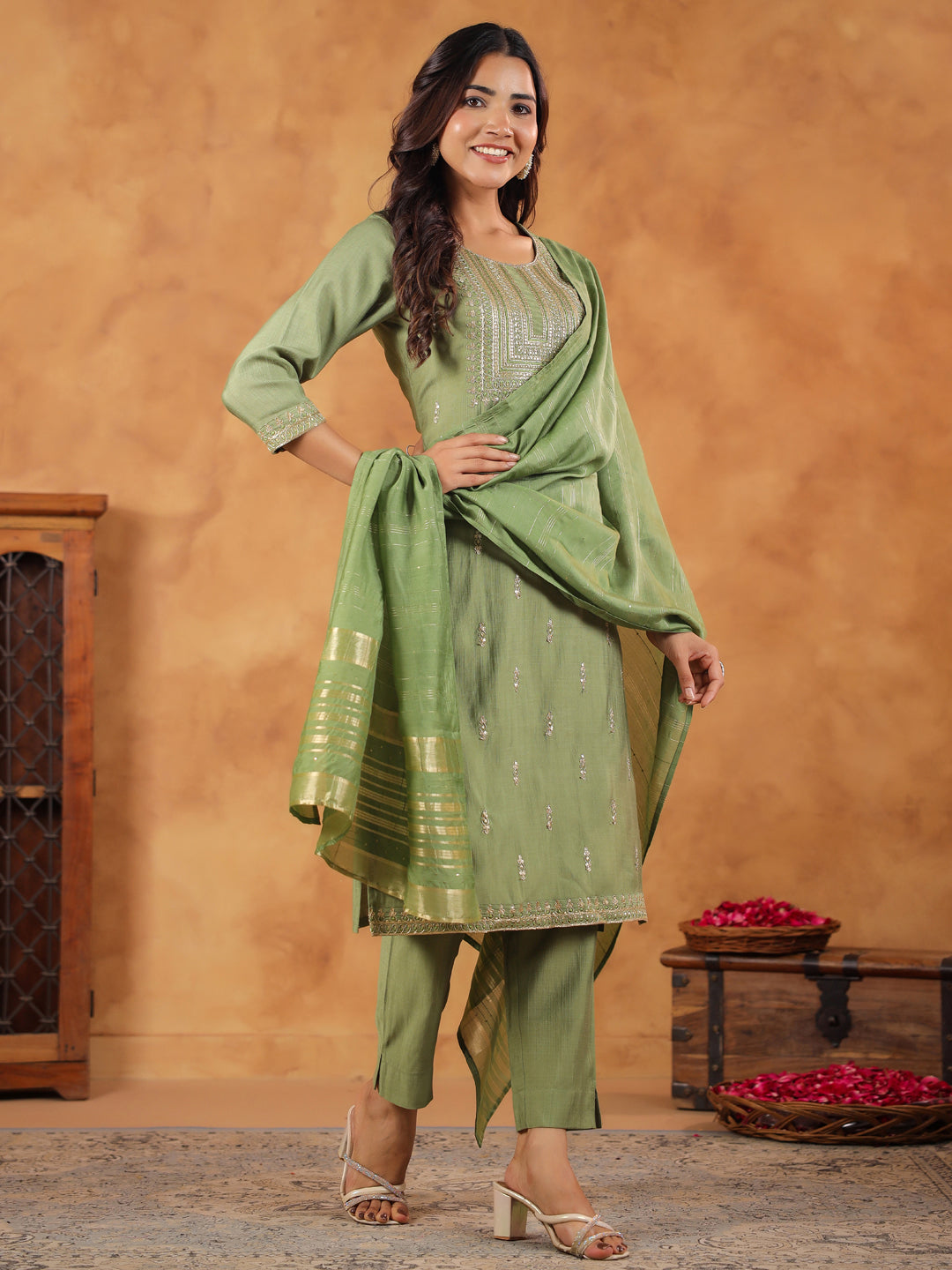 Janasya Sage Premium Chinnon Embroidered Kurta,Bottom & Dupatta | Swadesiicart