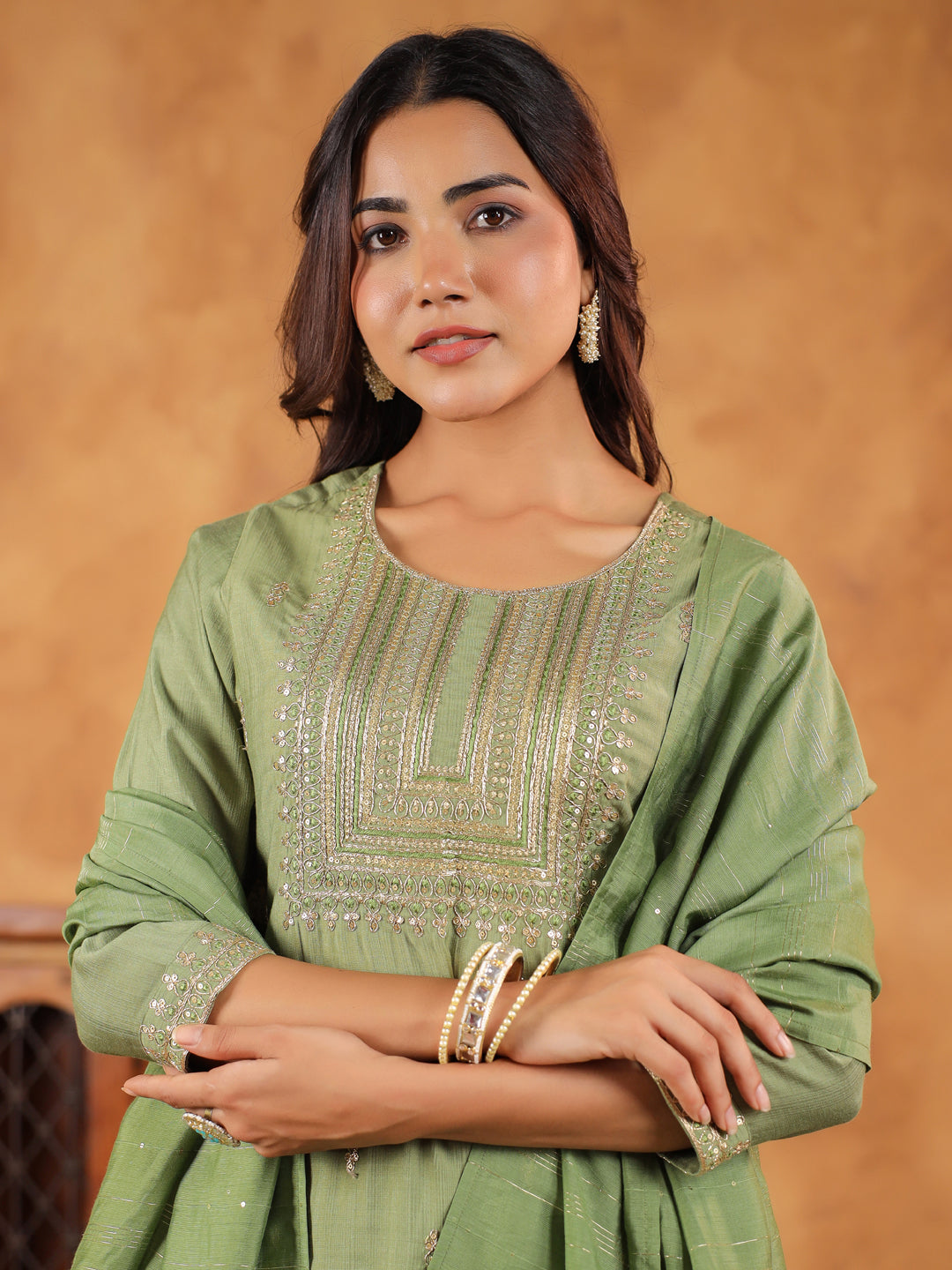 Janasya Sage Premium Chinnon Embroidered Kurta,Bottom & Dupatta | Swadesiicart