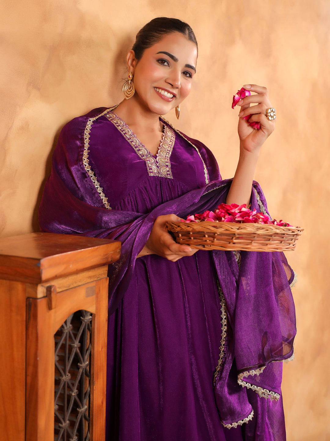 Janasya Purple Velvet Embroidered Kurta,Bottom & Dupatta | Swadesiicart