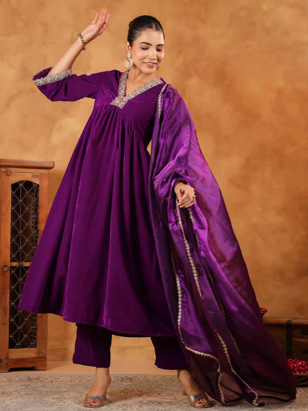 Janasya Purple Velvet Embroidered Kurta,Bottom & Dupatta | Swadesiicart