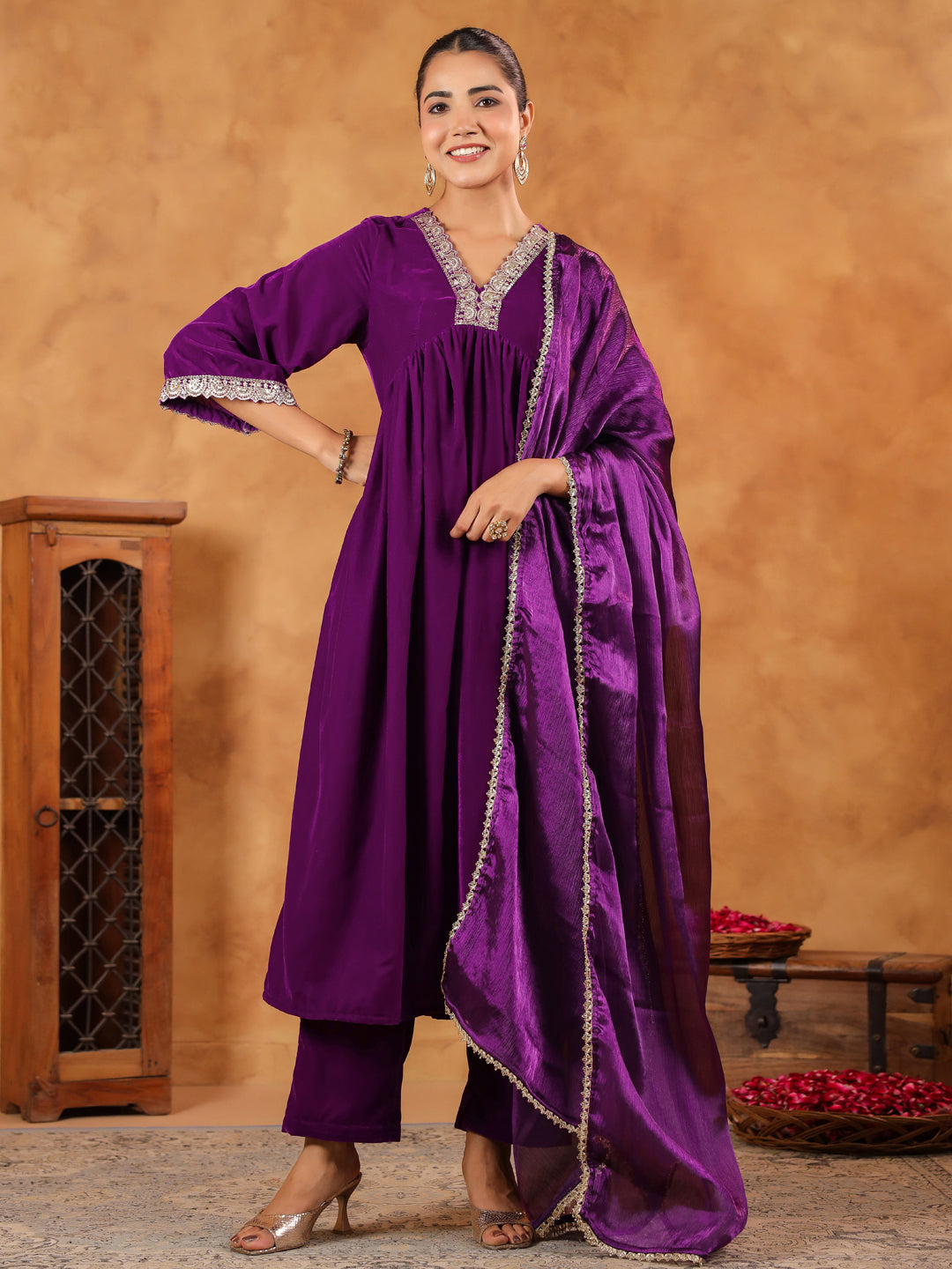 Janasya Purple Velvet Embroidered Kurta,Bottom & Dupatta | Swadesiicart