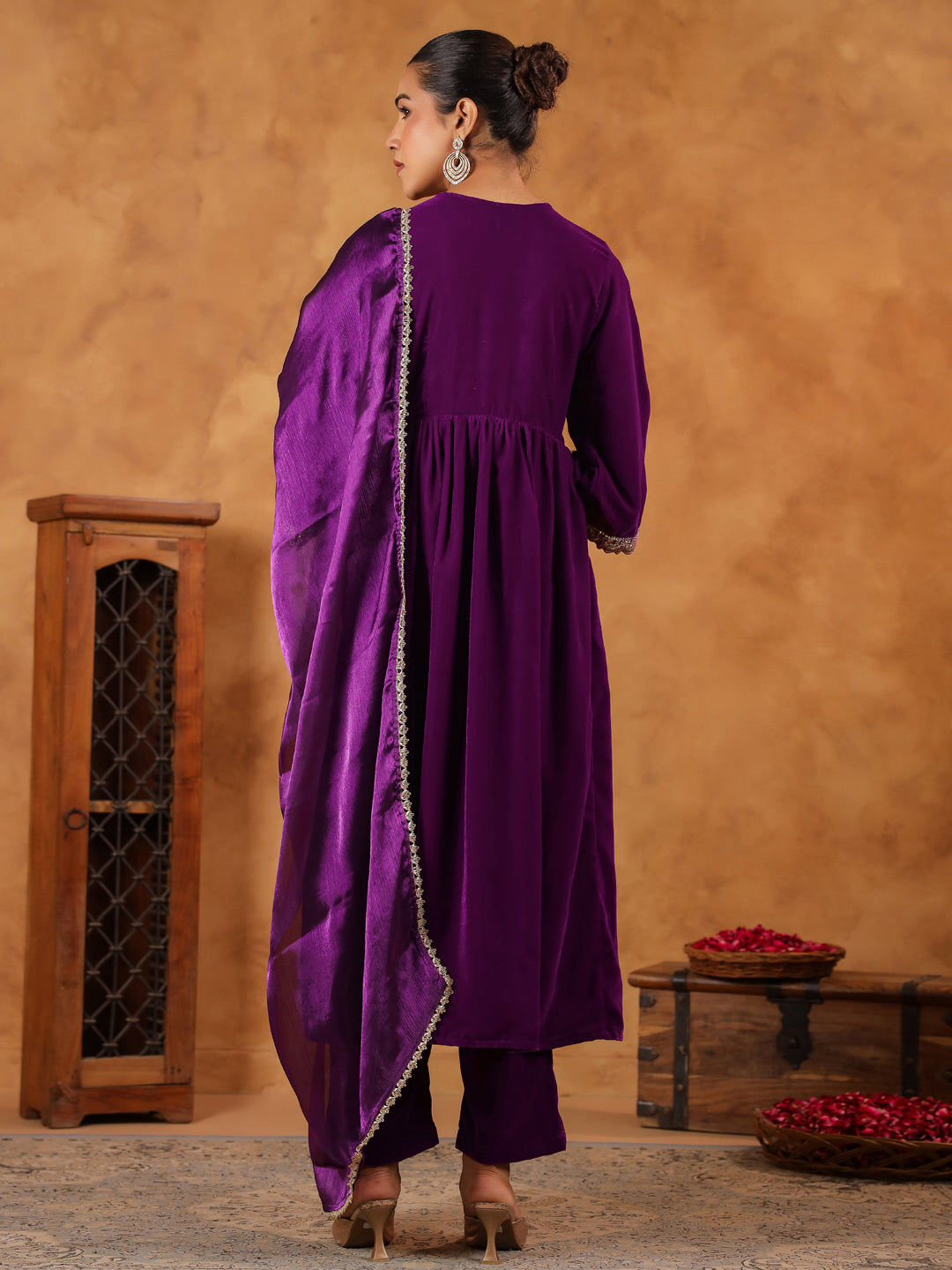 Janasya Purple Velvet Embroidered Kurta,Bottom & Dupatta | Swadesiicart
