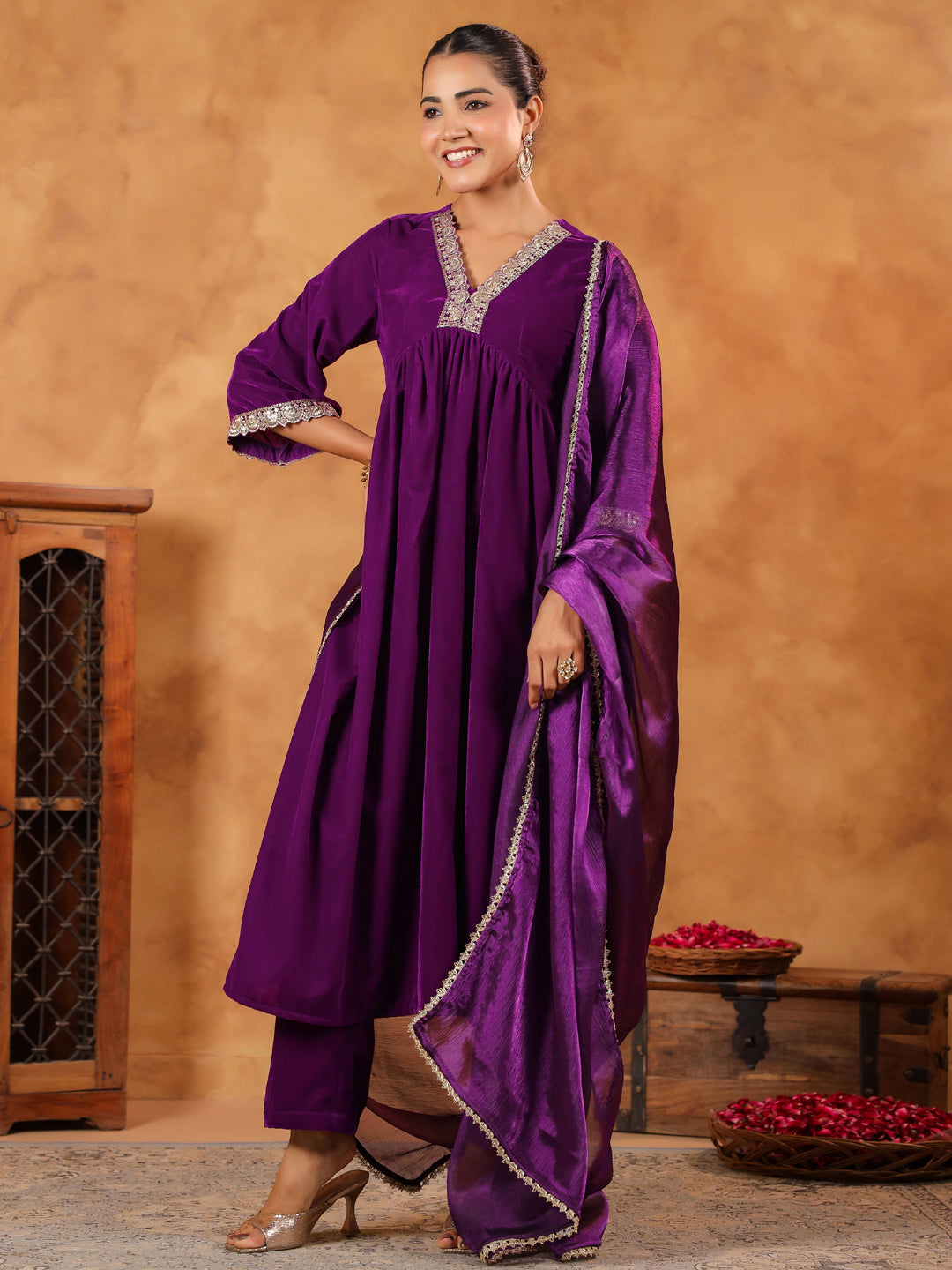 Janasya Purple Velvet Embroidered Kurta,Bottom & Dupatta | Swadesiicart