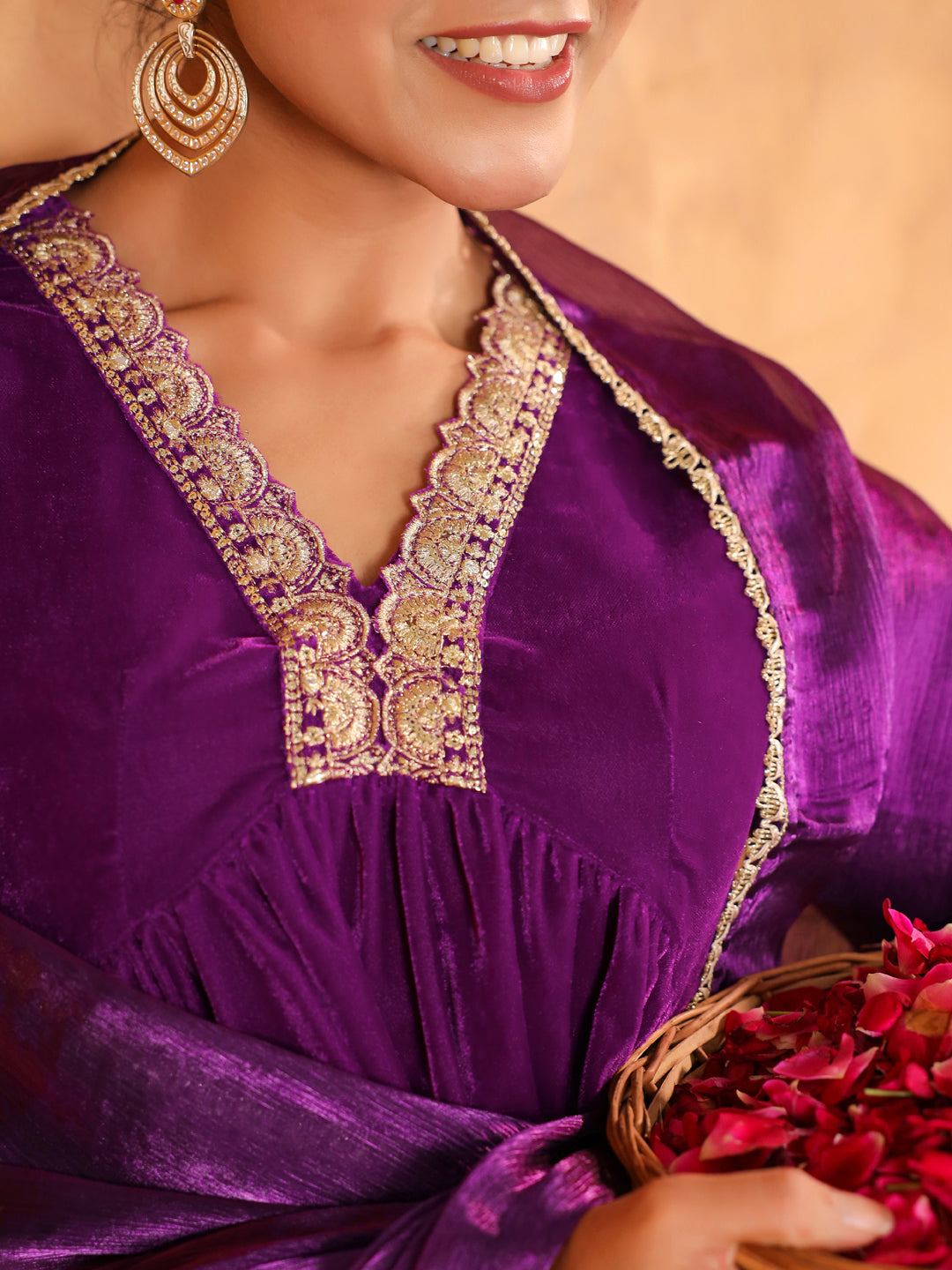 Janasya Purple Velvet Embroidered Kurta,Bottom & Dupatta | Swadesiicart