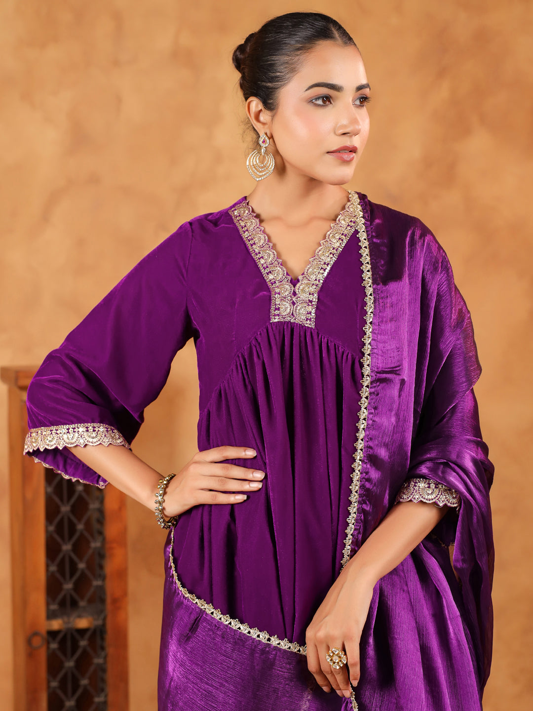 Janasya Purple Velvet Embroidered Kurta,Bottom & Dupatta | Swadesiicart