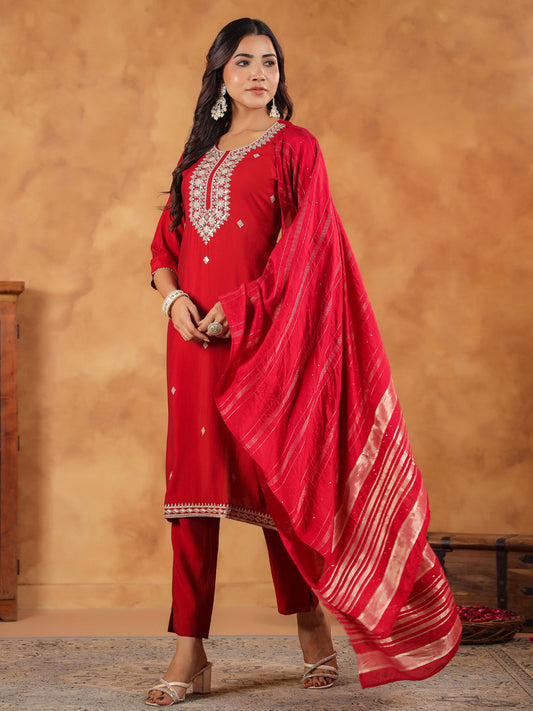 Janasya Dark Chanderi Embroidered Straight Kurta Set | Swadesiicart