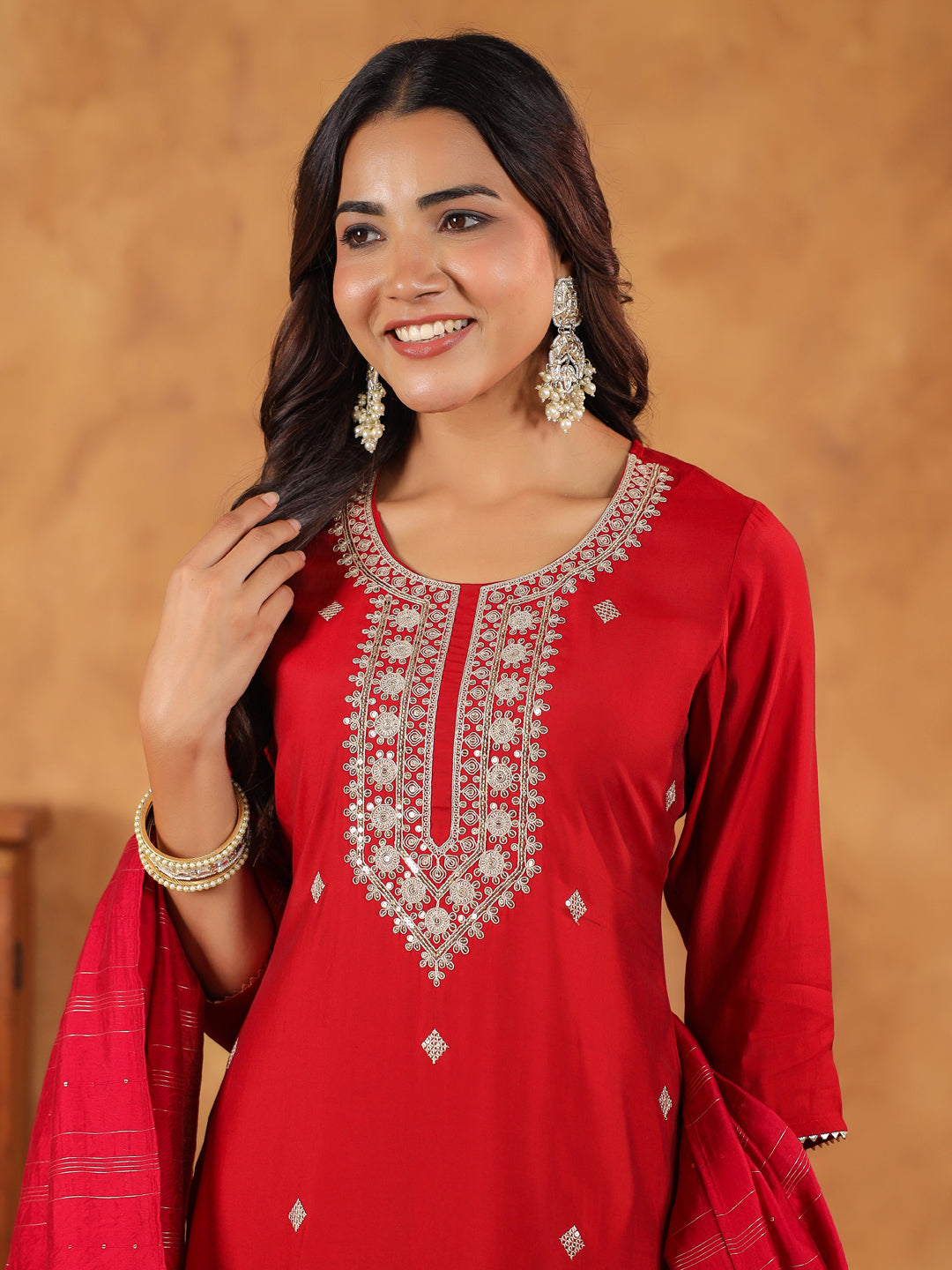 Janasya Dark Chanderi Embroidered Straight Kurta Set | Swadesiicart
